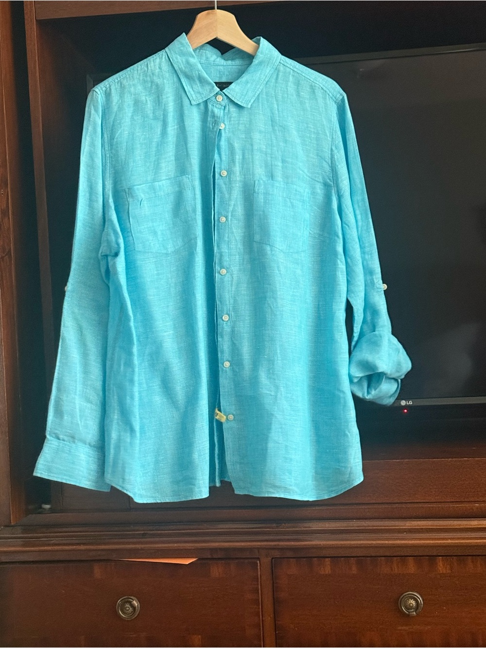 Talbots Turquoise Button-Up Linen Blouse